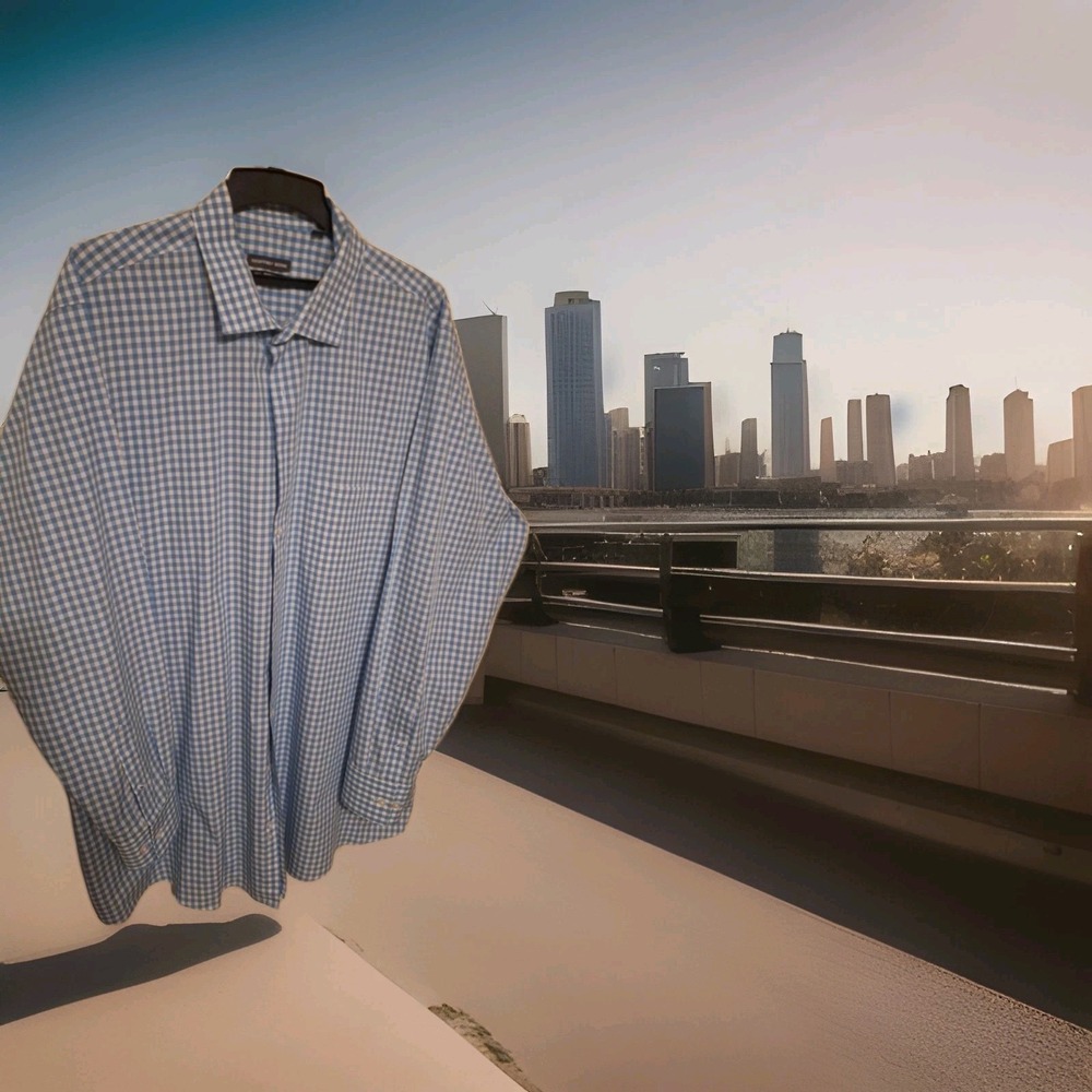 Geoffrey Beene Tall Gray n Teal Dress Shirt 19, 37/38 Sleeve Wrinkle Free-G002